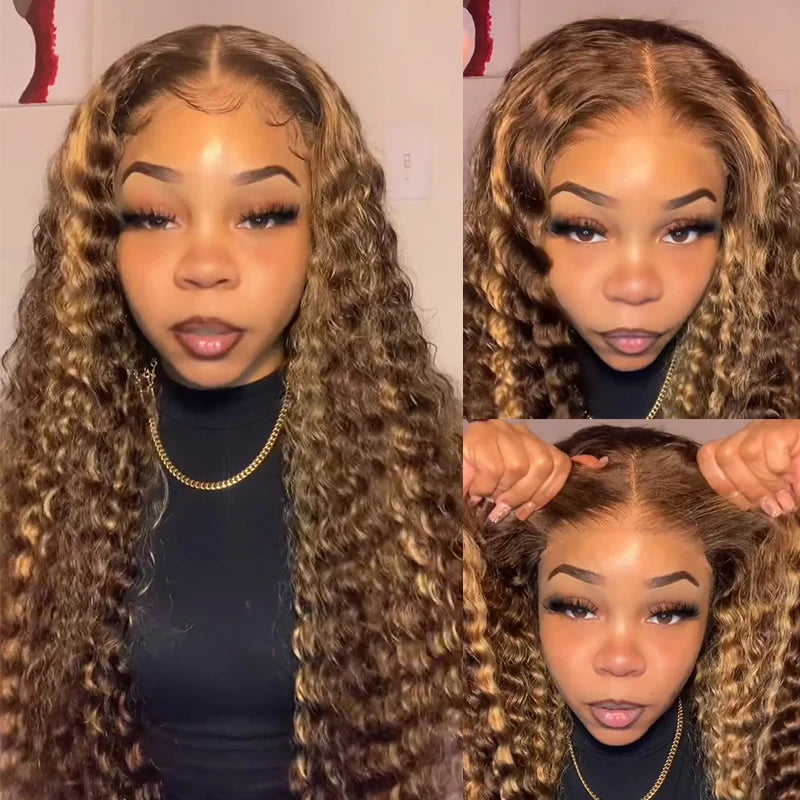Highlight Brown Color Deep Curly Pre-Cut Glueless HD Lace Wig