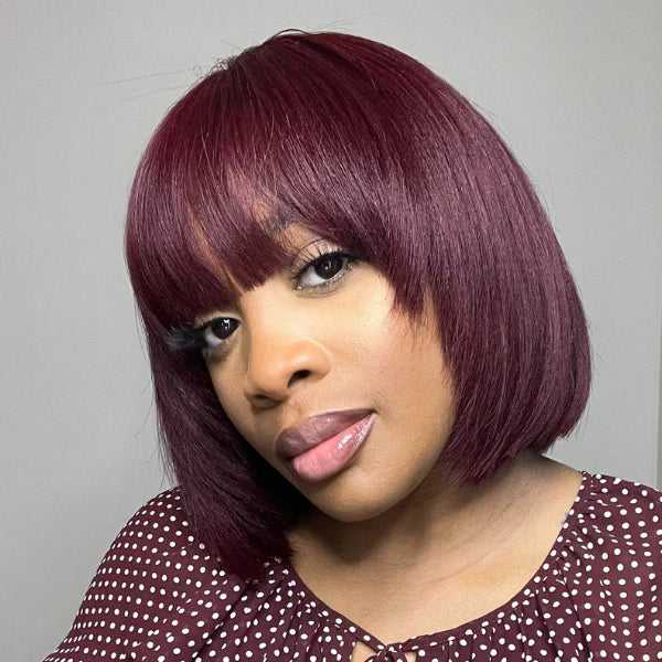 Reddish Purple Layered Cut Yaki Straight Minimalist Lace Bob Wig With Bangs⚡1-Min Install