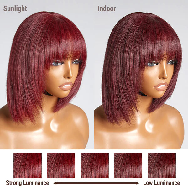 Reddish Purple Layered Cut Yaki Straight Minimalist Lace Bob Wig With Bangs⚡1-Min Install