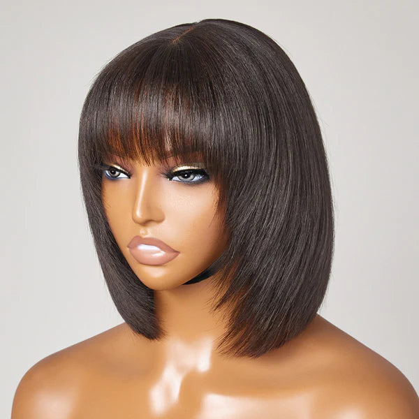 Reddish Purple Layered Cut Yaki Straight Minimalist Lace Bob Wig With Bangs⚡1-Min Install