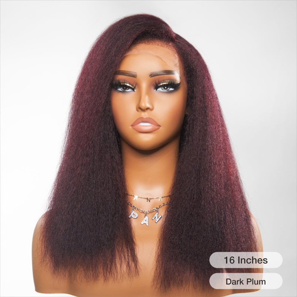 Dark Plum Kinky Edges Hairline Undetectable Lace Front Wig Kinky Straight