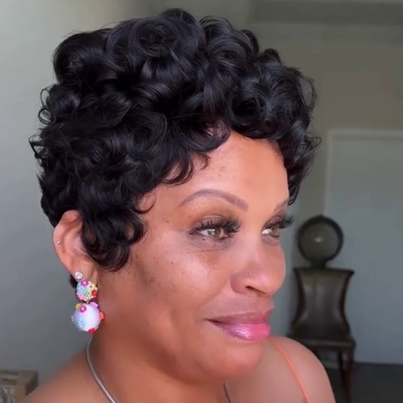 Pixie Cut Short Bob Curly Wig With Bangs - 1