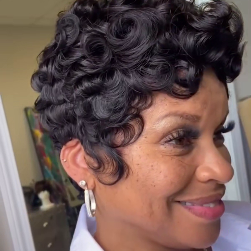 Pixie Cut Short Bob Curly Wig With Bangs - 2