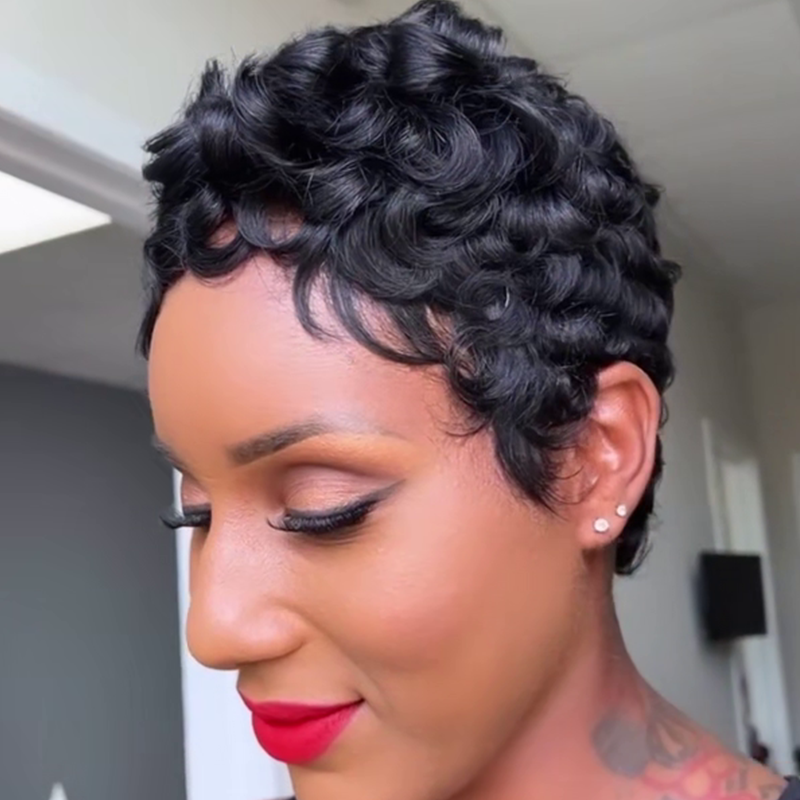 Pixie Cut Short Bob Curly Wig With Bangs - 3