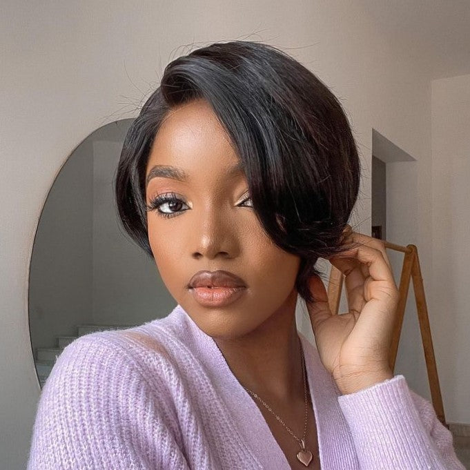 Pixie Cut Short Bob Wig With Side-Swept Bangs