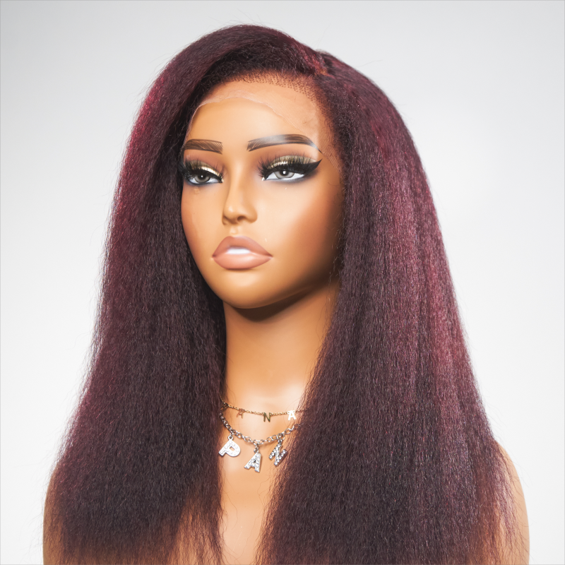 Dark Plum Kinky Edges Hairline Undetectable Lace Front Wig Kinky Straight
