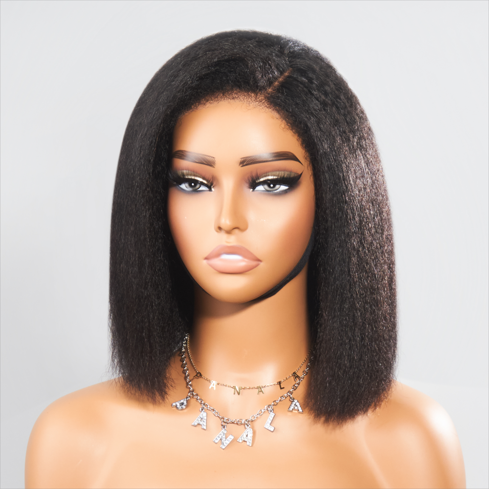 Kinky Edges Glueless Pre-cut C-Part Lace Front Kinky Straight Bob Wig