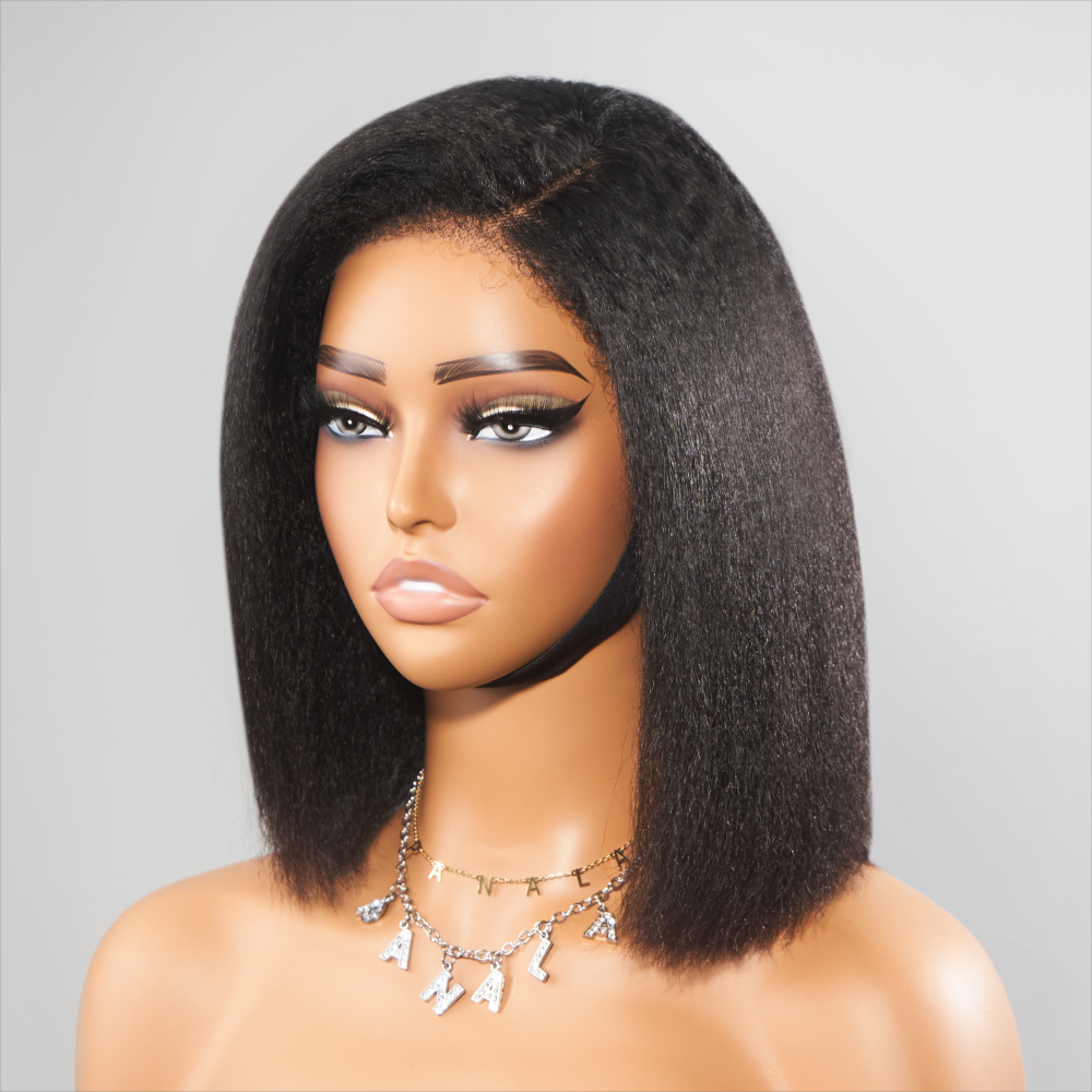 Kinky Edges Glueless Pre-cut C-Part Lace Front Kinky Straight Bob Wig
