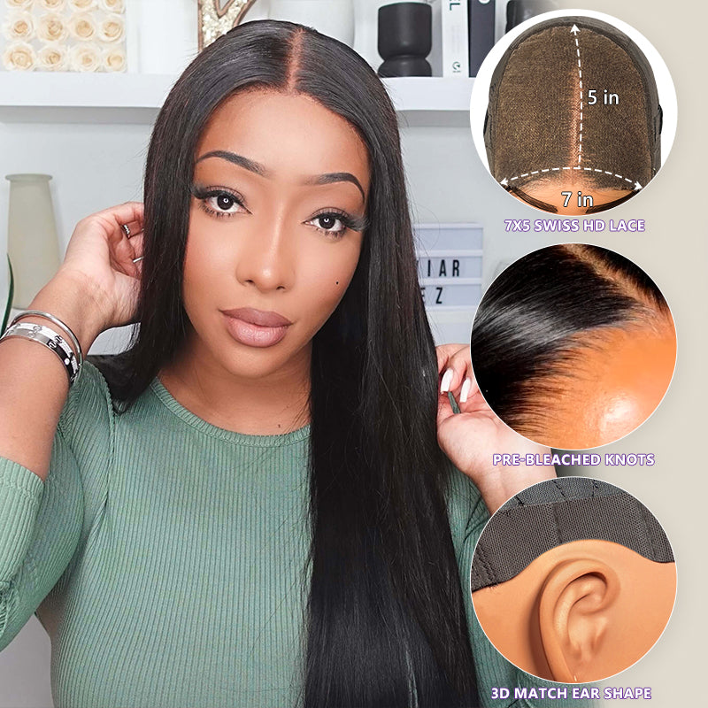 <span class="upgrade-icon"><img src="https://cdn.shopify.com/s/files/1/0555/4277/6110/files/tagupgrade.png" alt="Upgrade Icon" width="50" height="19"></span> 7x5 HD Lace Glueless Silky Straight Wigs With Upgrade Pre Bleached Knots Plucked Hairline