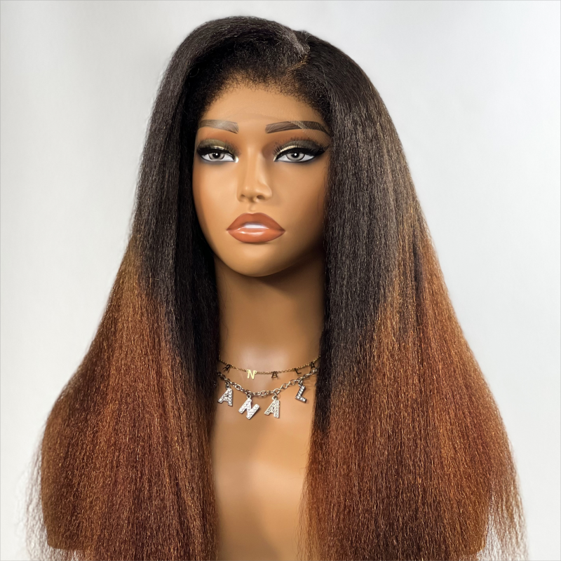 Ombre Brown Kinky Edges Hairline Undetectable Lace Front Wig Kinky Straight