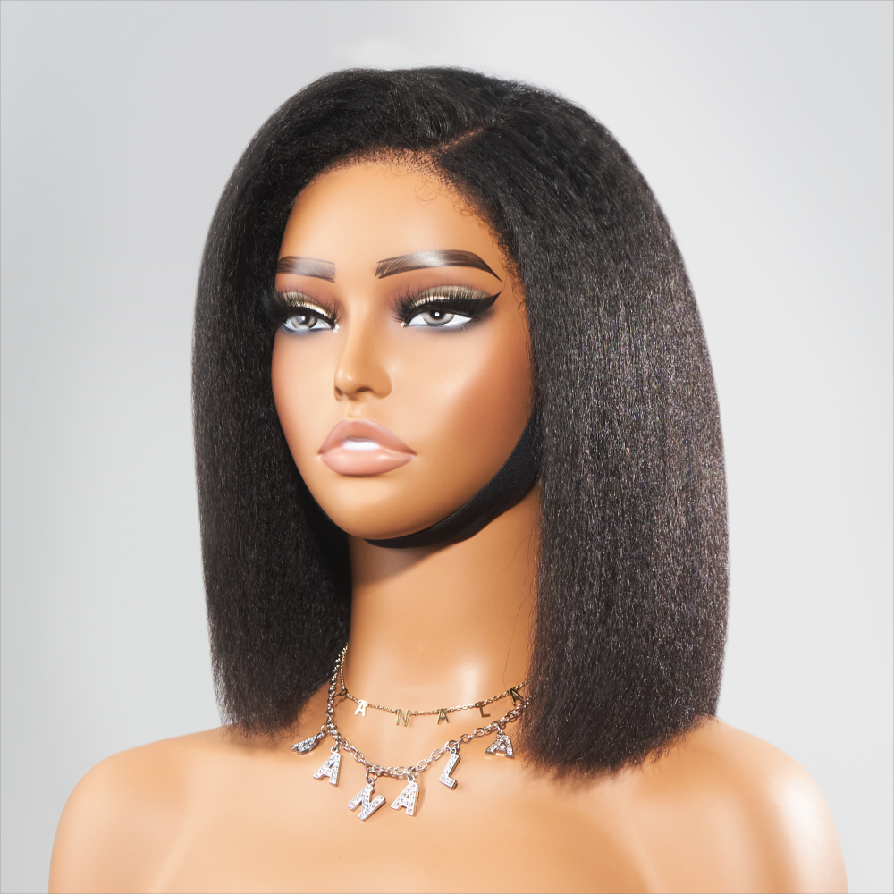 Kinky Edges Glueless Pre-cut C-Part Lace Front Kinky Straight Bob Wig