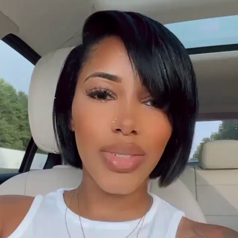 Cute Side Part Bob Wig With Side-Swept Bangs 100% Human Hair - 4