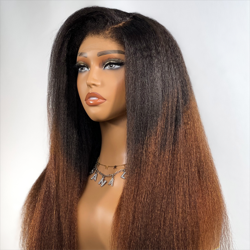 Ombre Brown Kinky Edges Hairline Undetectable Lace Front Wig Kinky Straight