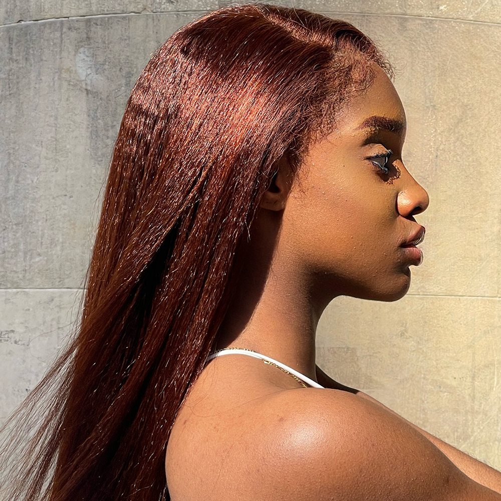 Reddish Brown Kinky Edges Hairline Undetectable Lace Front Wig Kinky Straight