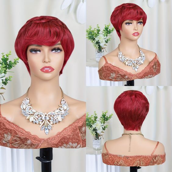 Burgundy Short Cut Bob Wig With Bangs Human Hair