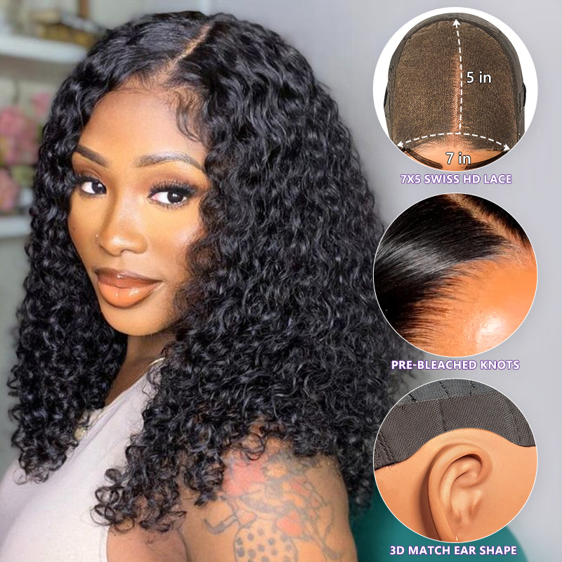 Perruque frisée sans colle 7x5 pré-coupée HD Lace Front Bob