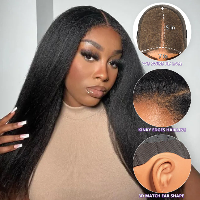 <span class="upgrade-icon"><img src="https://cdn.shopify.com/s/files/1/0555/4277/6110/files/tagupgrade.png" alt="Upgrade Icon" width="50" height="19"></span> Kinky Edges Hairline Glueless 7x5 Undetectable Lace Front Wig Kinky Straight