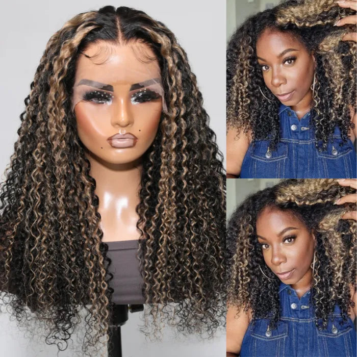 Balayage Black and blonde Highlight Curly 13x4 HD Lace Front Wig