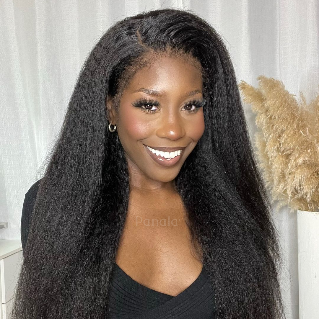 Kinky Edges Hairline Glueless Undetectable Lace Front Wig Kinky Straight 100% Human Hair