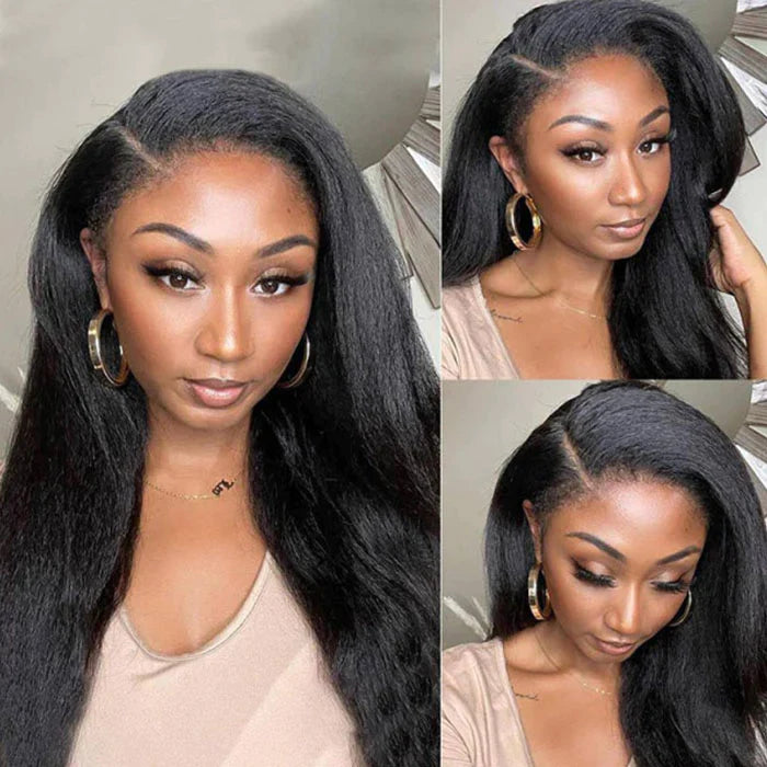 Kinky Edges Hairline Glueless Undetectable Lace Front Wig Kinky Straight 100% Human Hair