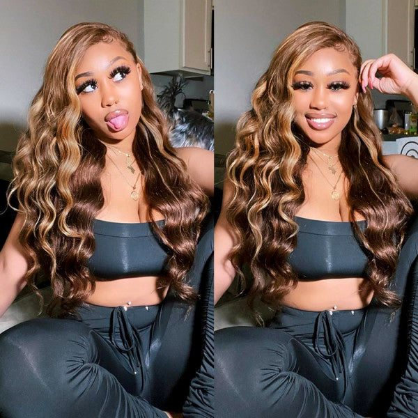 Honey Blonde Highlight Body Wave 13x4 HD Lace Front Wig