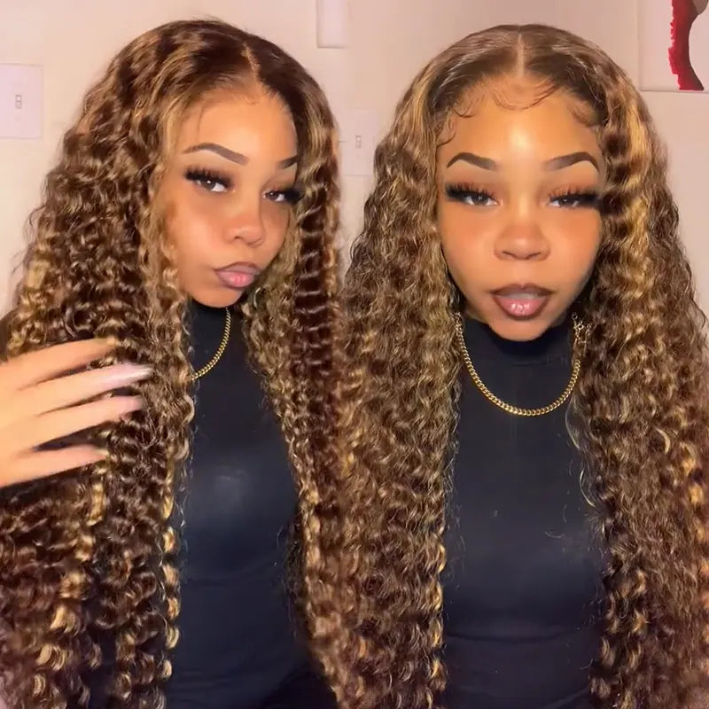 Highlight Brown Color Deep Curly Pre-Cut Glueless HD Lace Wig
