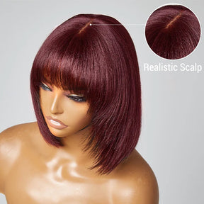 Reddish Purple Layered Cut Yaki Straight Minimalist Lace Bob Wig With Bangs⚡1-Min Install