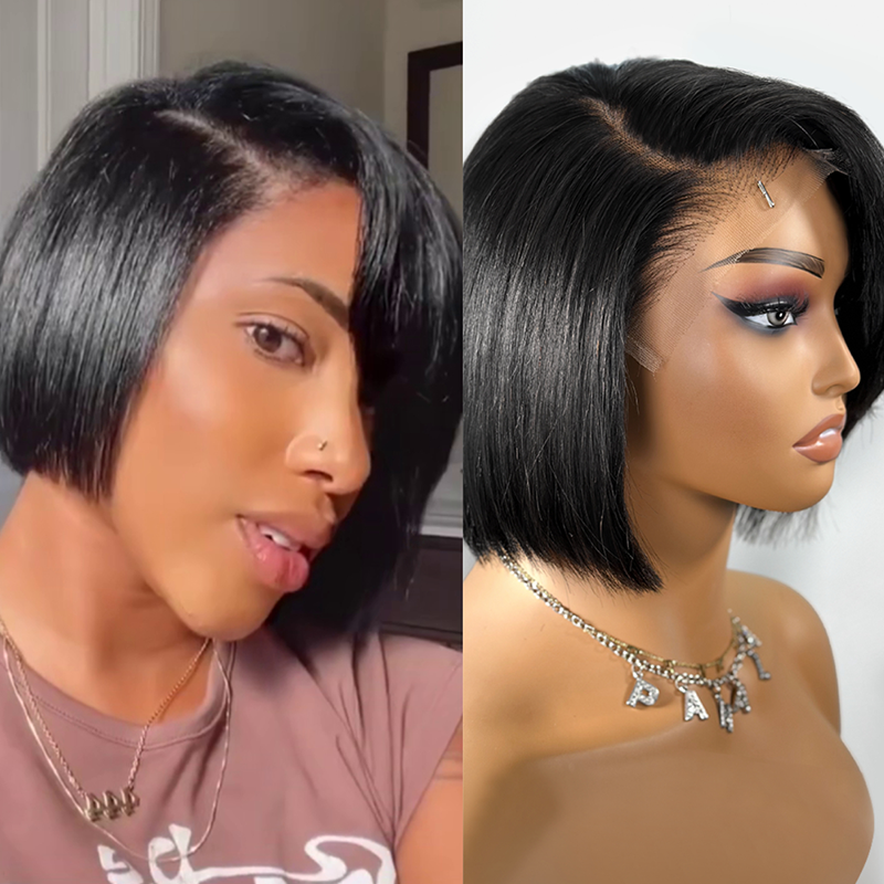 Cute Side Part Bob Wig With Side-Swept Bangs 100% Human Hair - 2