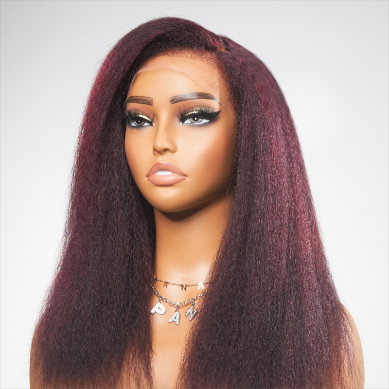 Dark Plum Kinky Edges Hairline Indétectable Lace Front Wig Kinky Straight 
