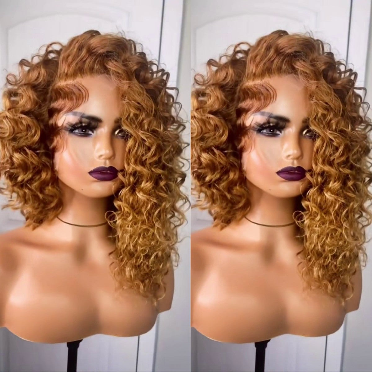 13x4 HD Lace Honey Blonde Curly Layered Hairstylist Side Part Bob Wig With Side-Swept Bangs 16 Inches