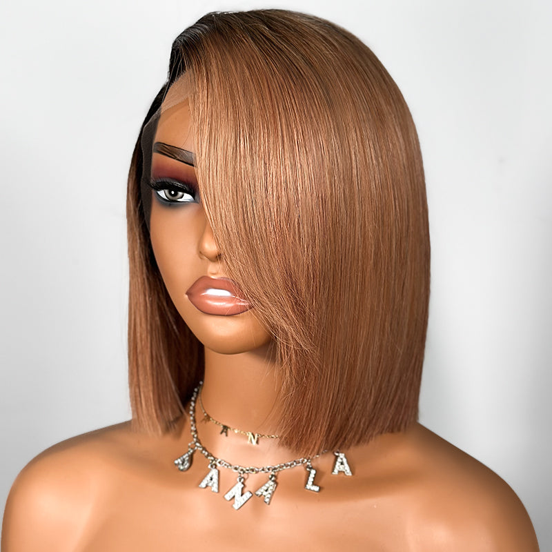 Ombre Walnut Brown Side Part Bob Wig With Side-Swept Bangs