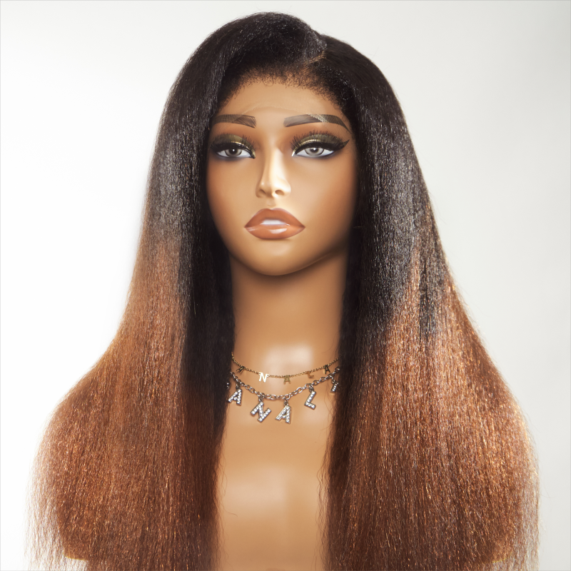 Ombre Brown Kinky Edges Hairline Undetectable Lace Front Wig Kinky Straight
