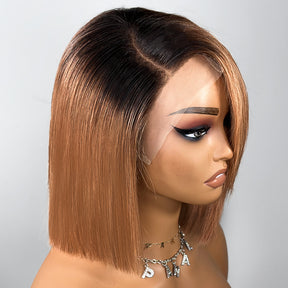 Ombre Walnut Brown Side Part Bob Wig With Side-Swept Bangs