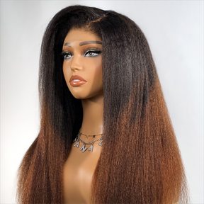 Ombre Brown Kinky Edges Hairline Indétectable Lace Front Wig Kinky Straight 