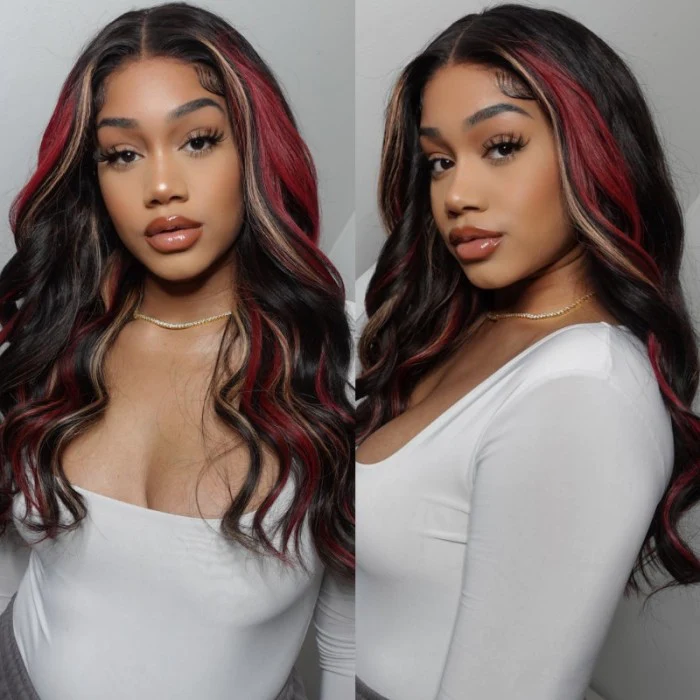 Perruque Lace Front Lace Front Wig 13x4 HD Rouge/Blonde Highlight Body Wave 